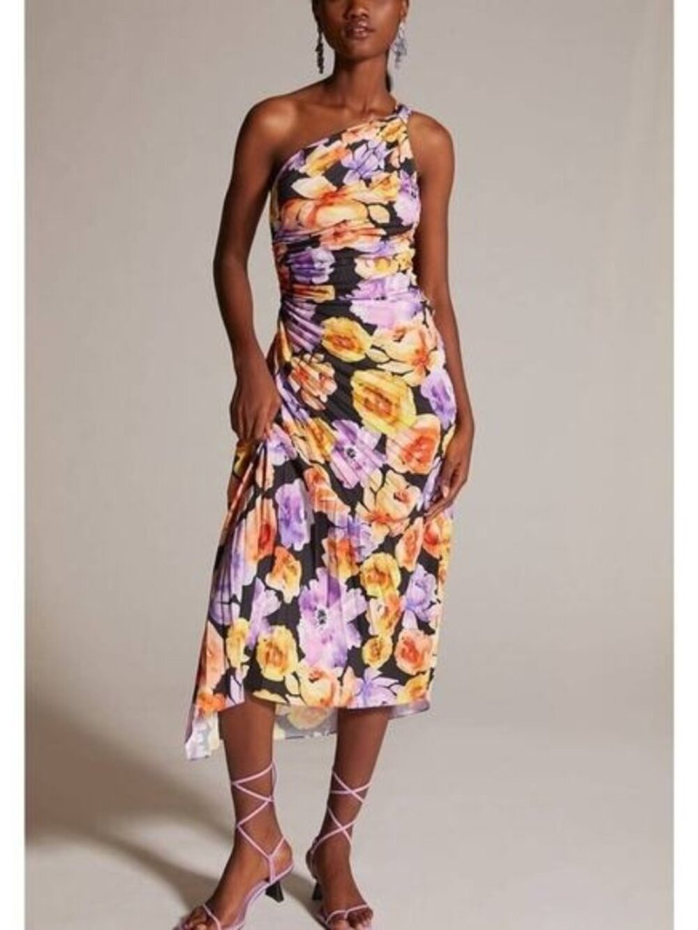 Anthropologie One-Shoulder Floral Midi Dress Pleated Orange Size S